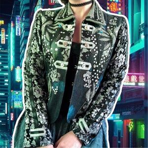 True Vintage y2k Blue Denim and Black Lace Embellished Patchwork Jacket, Size S